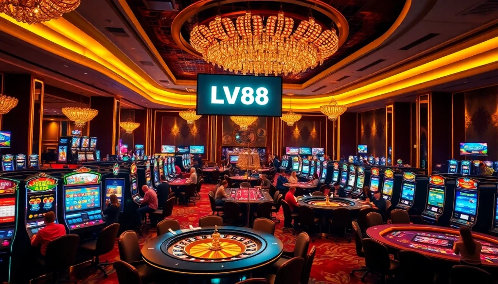 Gamblers enjoying a vibrant gaming experience featuring LV88 at a busy casino.