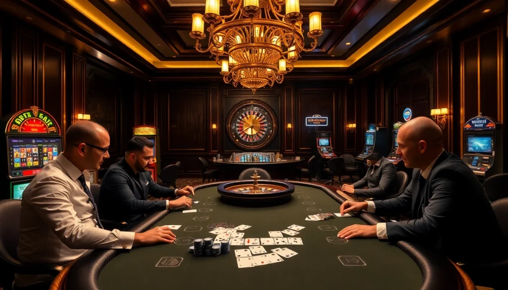 Exciting high-stakes poker game at thabet casino with vibrant slot machines and roulette.