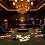Exciting high-stakes poker game at thabet casino with vibrant slot machines and roulette.