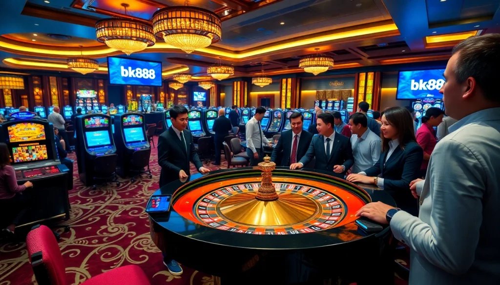 Players enjoy thrilling action at a luxurious casino featuring bk888 roulette and slot machines.