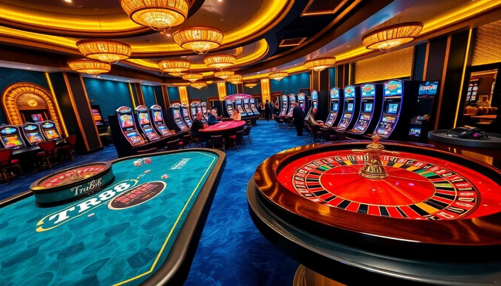 TR88-themed casino scene with excited players at roulette and poker tables