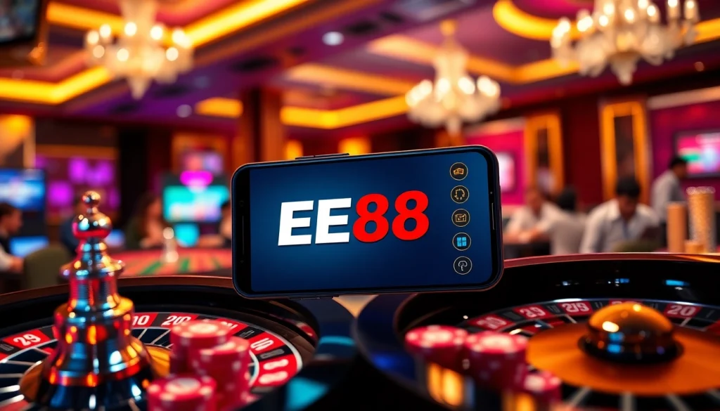 Engaging scene illustrating hướng dẫn ee88 with casino tables and vibrant online gambling interface.