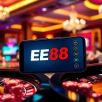 Engaging scene illustrating hướng dẫn ee88 with casino tables and vibrant online gambling interface.
