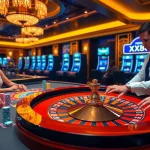 XX88 branded poker chips stacked on a luxurious casino table with players engrossed in the game.