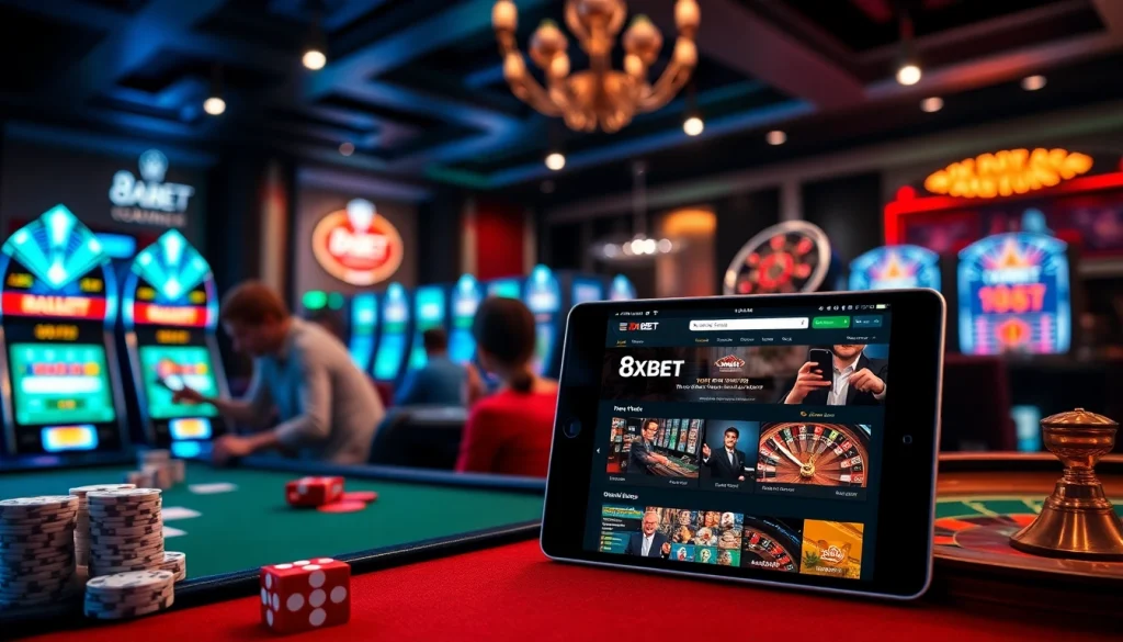 Players enjoying thrilling games on the 8xbet online platform, showcasing excitement and professionalism.