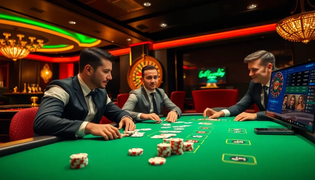 Professional players at a fun79 poker table display excitement and strategy during a high-stakes game.