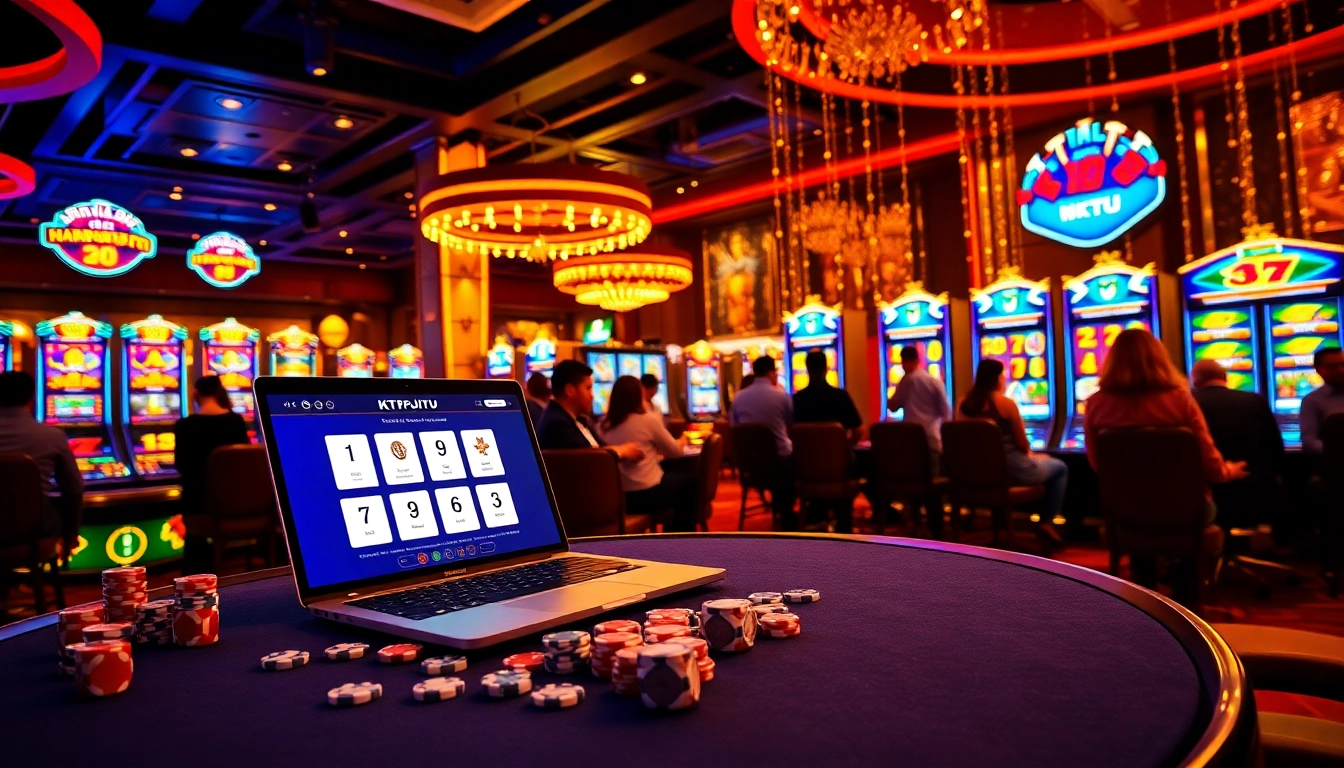 Players enjoying KTPJITU online slots with bright screens, poker chips, and vibrant casino ambiance.