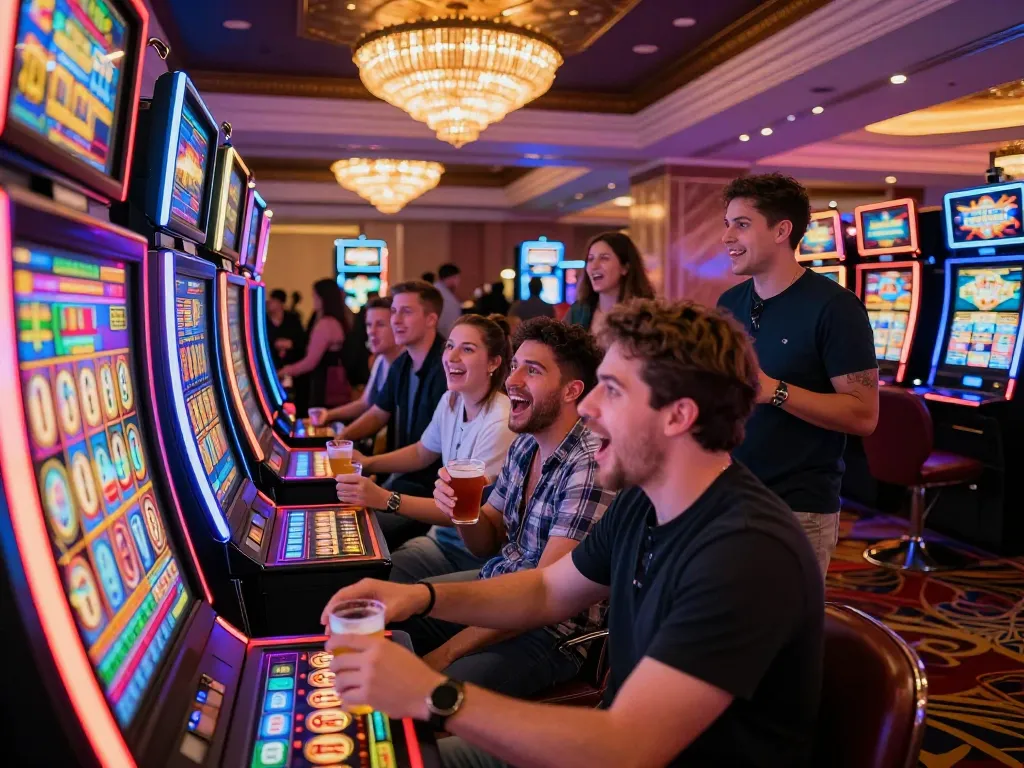 Excited friends playing a link slot machine in a vibrant casino setting, capturing the thrill of the gambling experience.