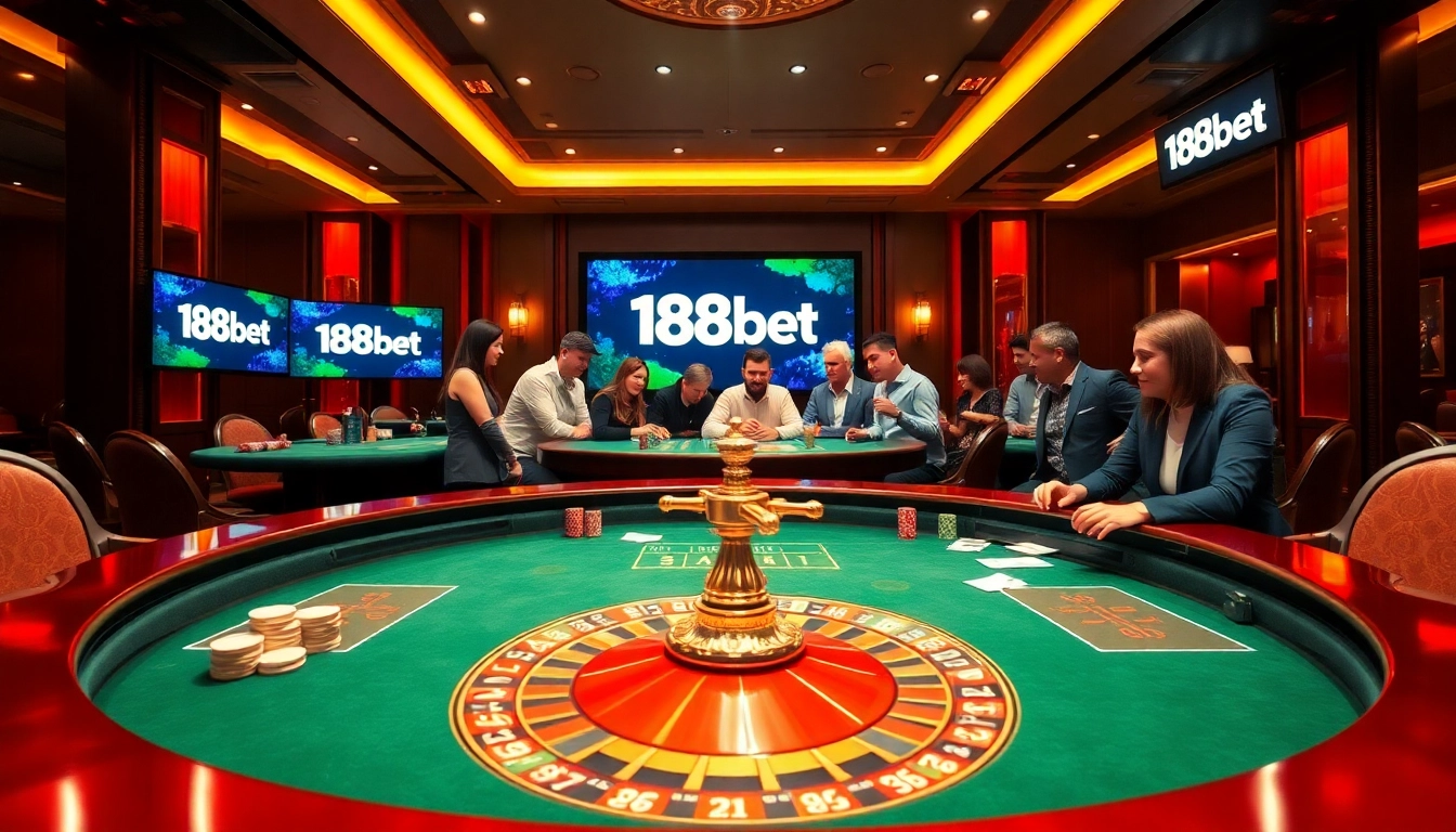 Thrilling casino gameplay at 188bet showcasing players at a roulette table and vibrant chips.