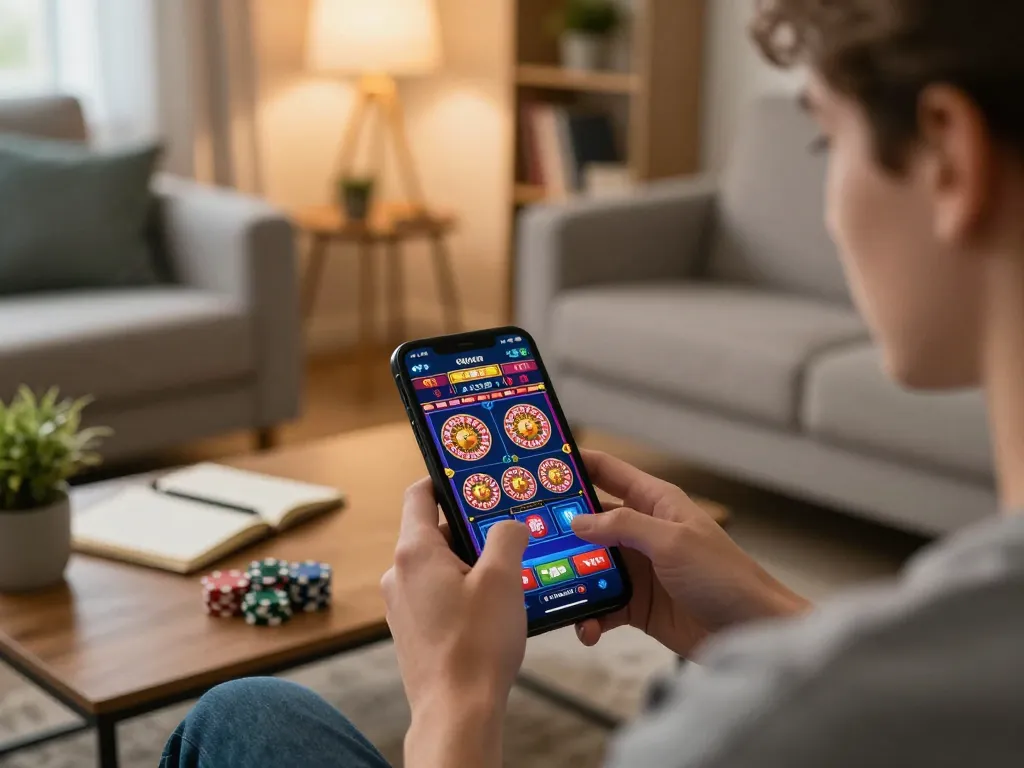 Engaged player using kubet mobile app for casino games in cozy home setting