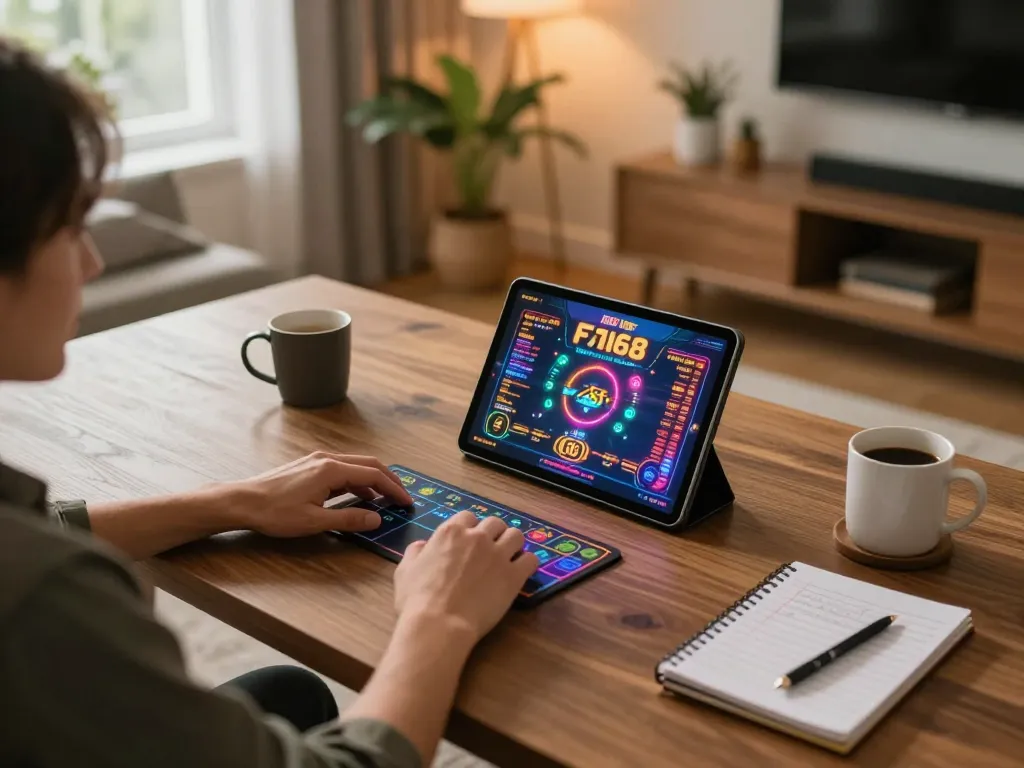 Player engaging with F168 online casino games on a tablet, showcasing a stylish home gaming setup with betting notes.