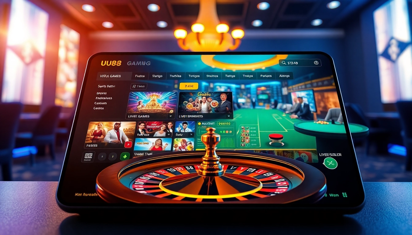 UU88 com features a vibrant online gaming interface with casino games and sports betting options.