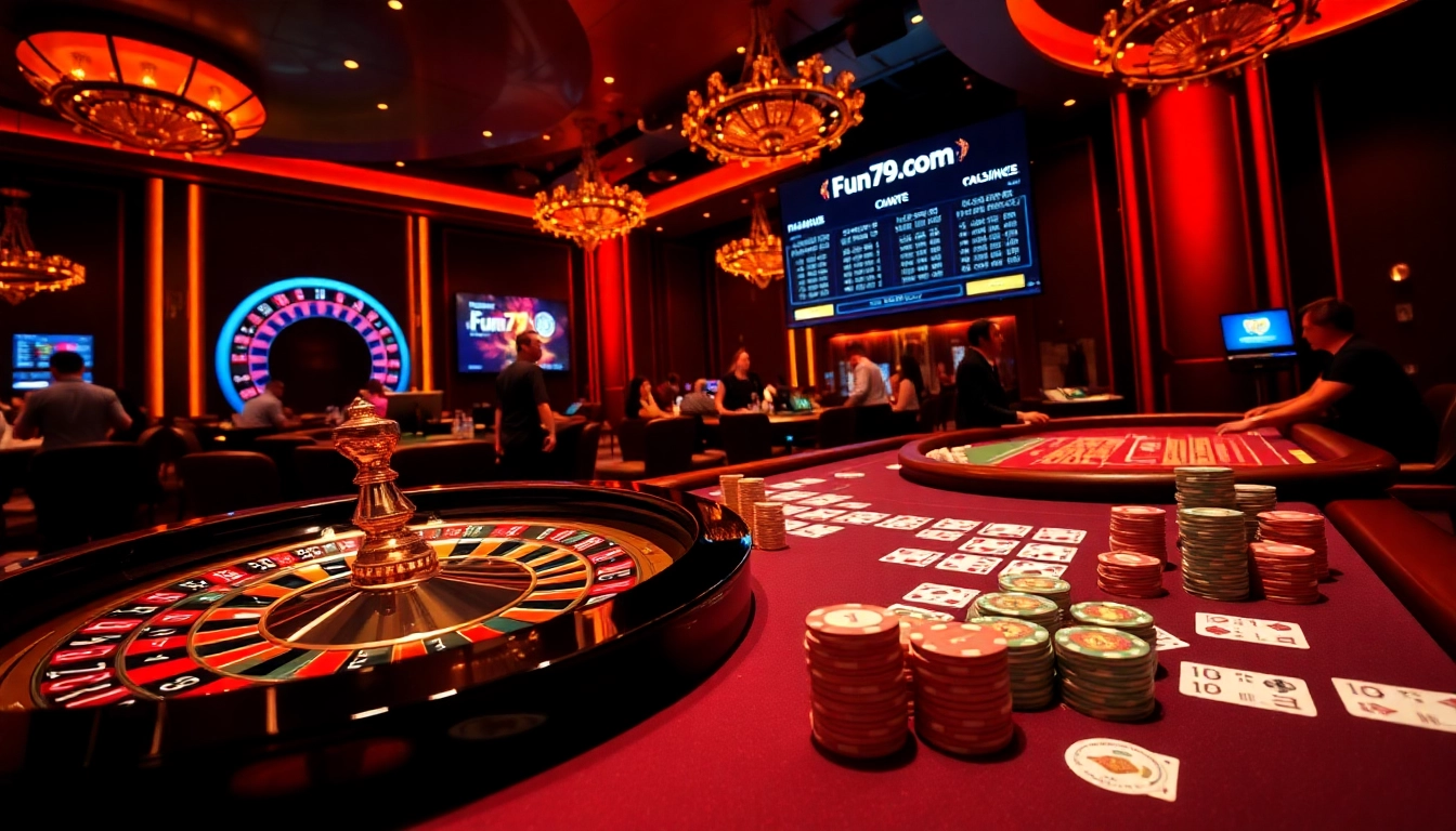Experience thrilling gameplay at fun79.com with dynamic casino tables and vibrant poker chips.