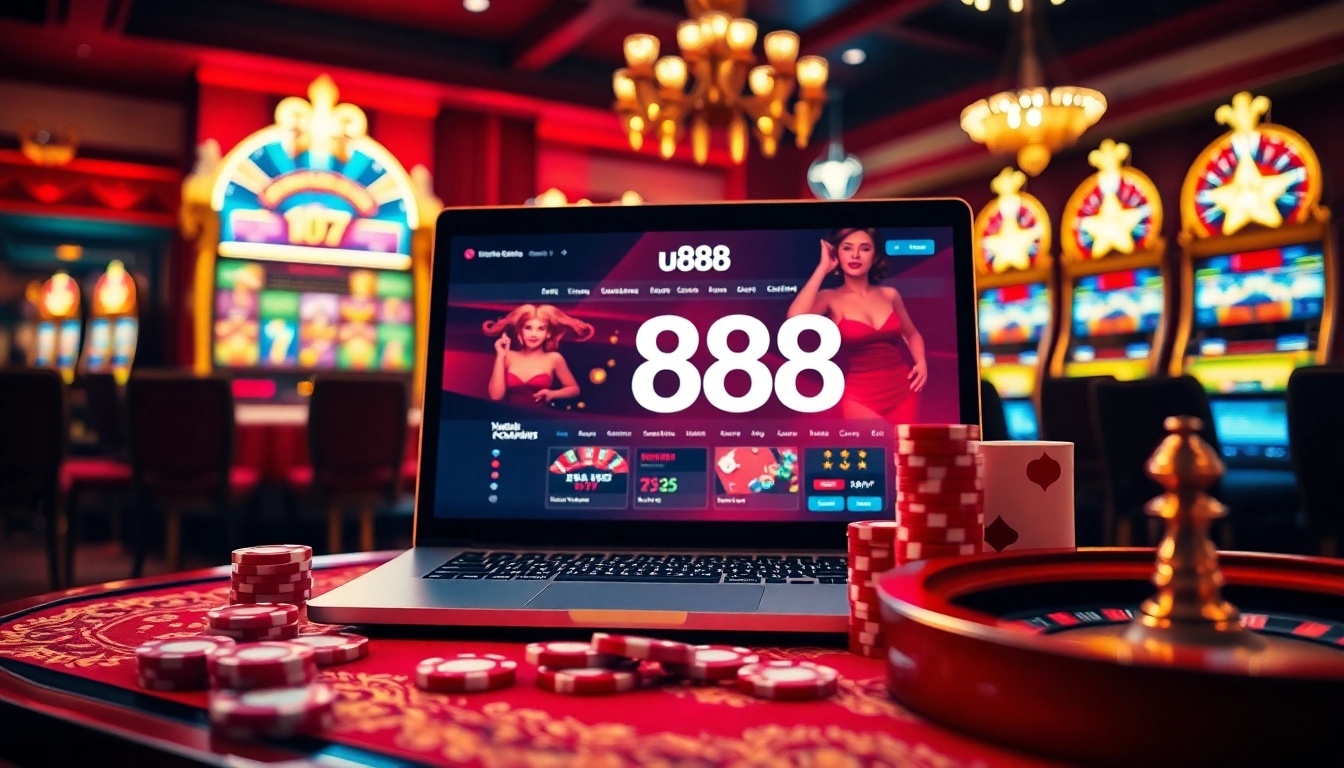 Betting excitement at u888 with poker chips, a roulette wheel, and slot machines.