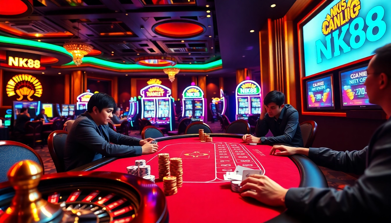Experience thrilling gambling action at NK88 with vibrant poker tables and dynamic slot machines.