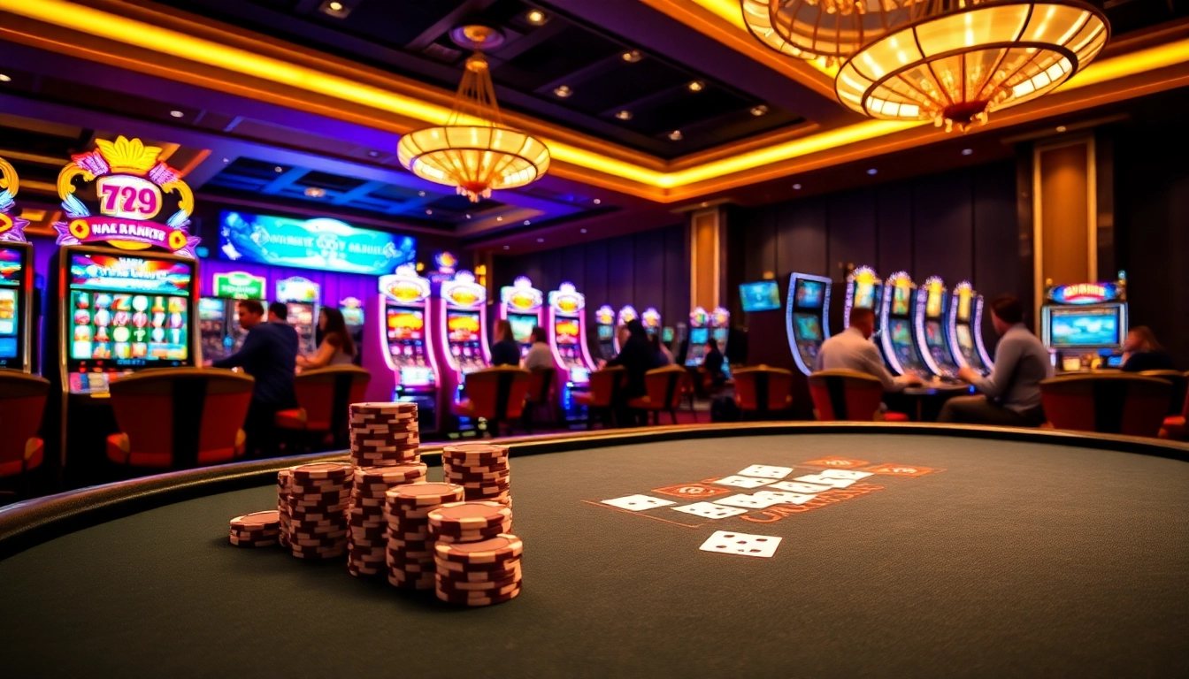 Players enjoying the excitement of 789win at an elegant casino table with vibrant slot machines.