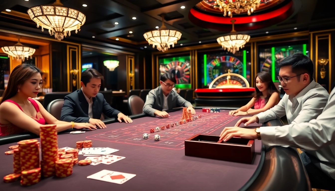 Players placing bets in an engaging game tài xỉu at an upscale casino table.