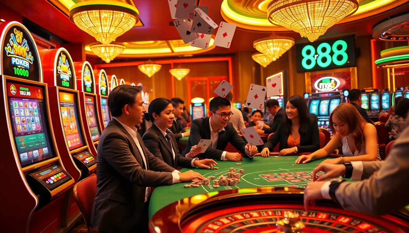 Engaging players enjoying an exhilarating game at the rr 88 casino, with vibrant slot machines and roulette tables.