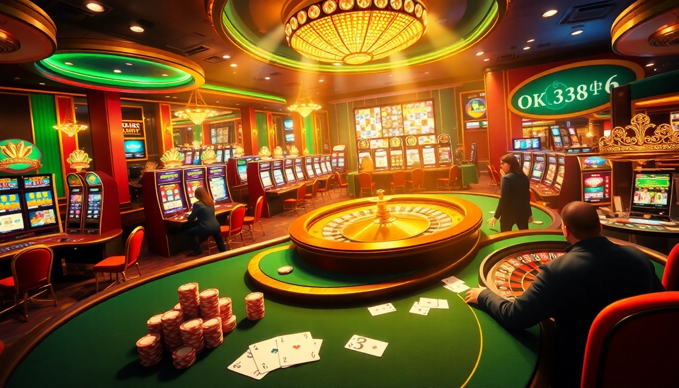 Exciting gaming atmosphere showcasing https://ok8386n.com/ with players at a poker table, vibrant slot machines, and a roulette wheel.