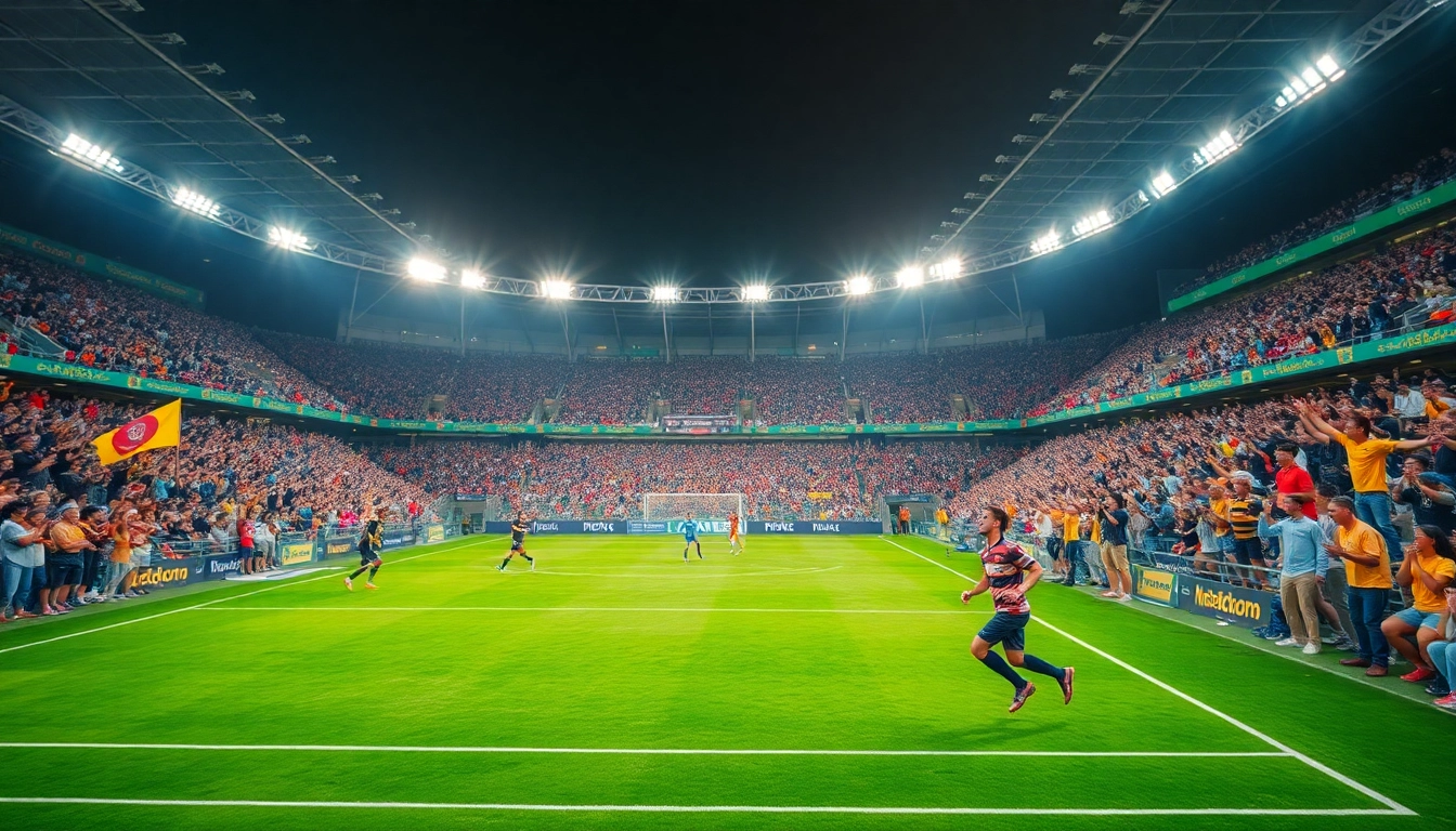 Live football match atmosphere with fans cheering for 'Trực tiếp bóng đá' in a vibrant stadium.
