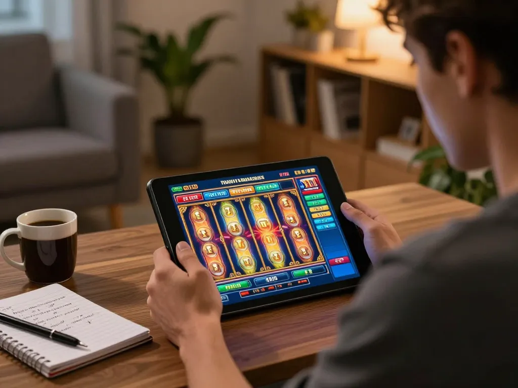 Engaging in slot depo 5k online, a player focuses on vibrant slot game while strategizing