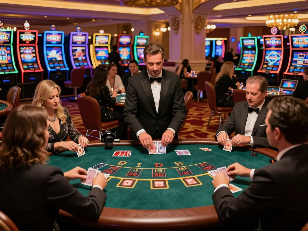 IWIN players placing strategic bets at an upscale blackjack table in a vibrant Vegas casino.