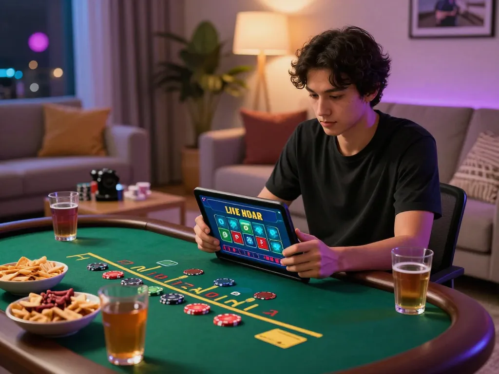 Engaging in live dealer blackjack gaming on cm 88 tablet in a cozy home setting
