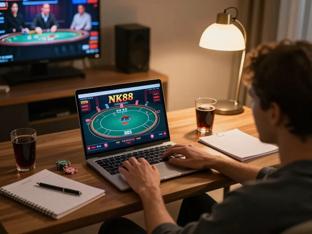 Engaged player using NK88 on laptop with strategic notes visible in a cozy home setting.