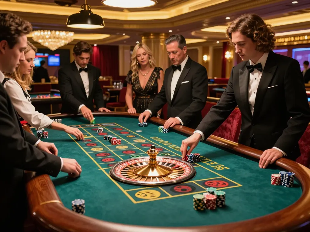 Go8 players wagering on a roulette table in a luxurious Vegas casino setting with vibrant decor.