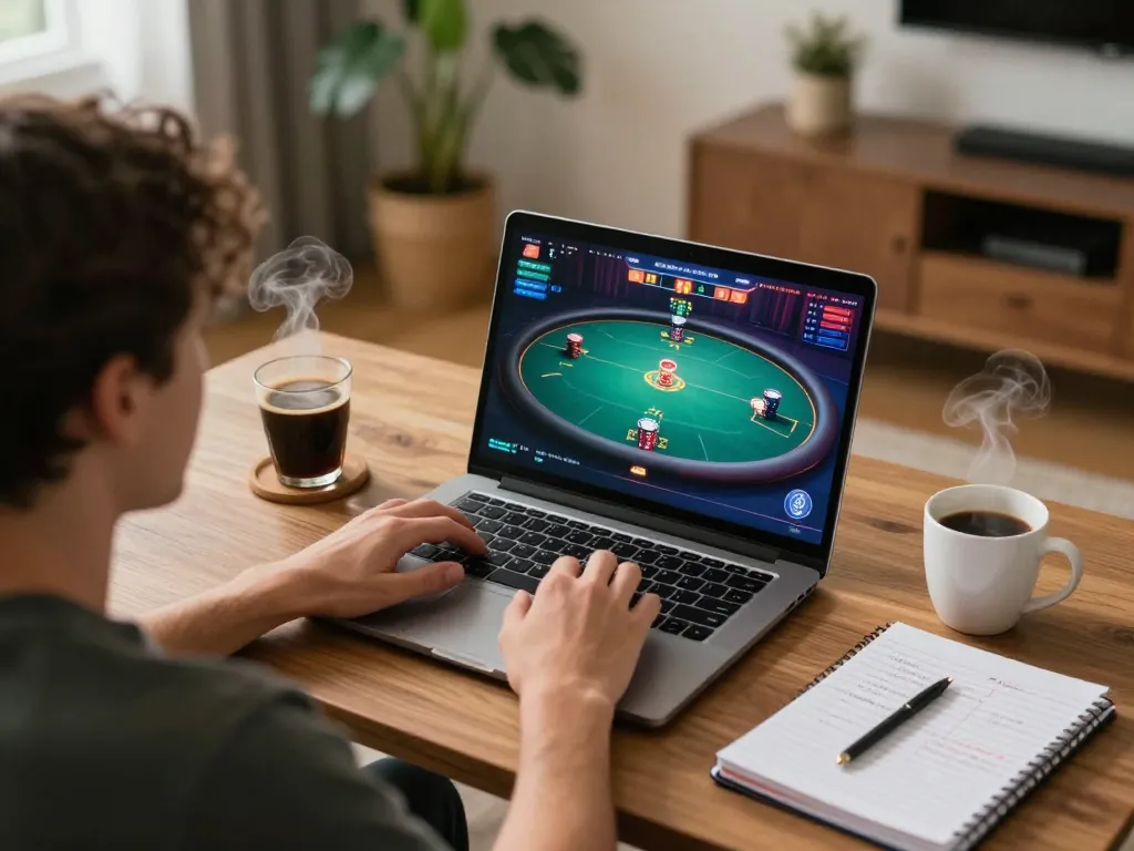 Player enjoying an online poker game at home using 888NEW, with strategy notes and drinks nearby.