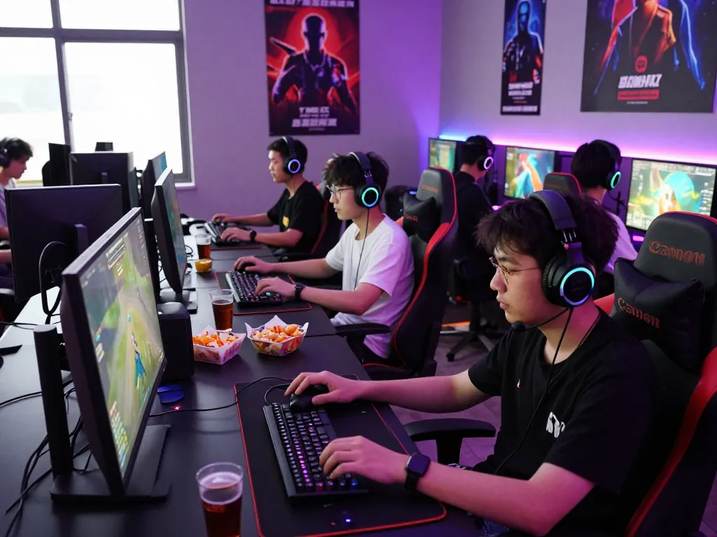 Dynamic gaming environment showcasing engaged players enjoying games at https://www.chappellsportscars.com/used-cars/ with snacks and vibrant lighting.