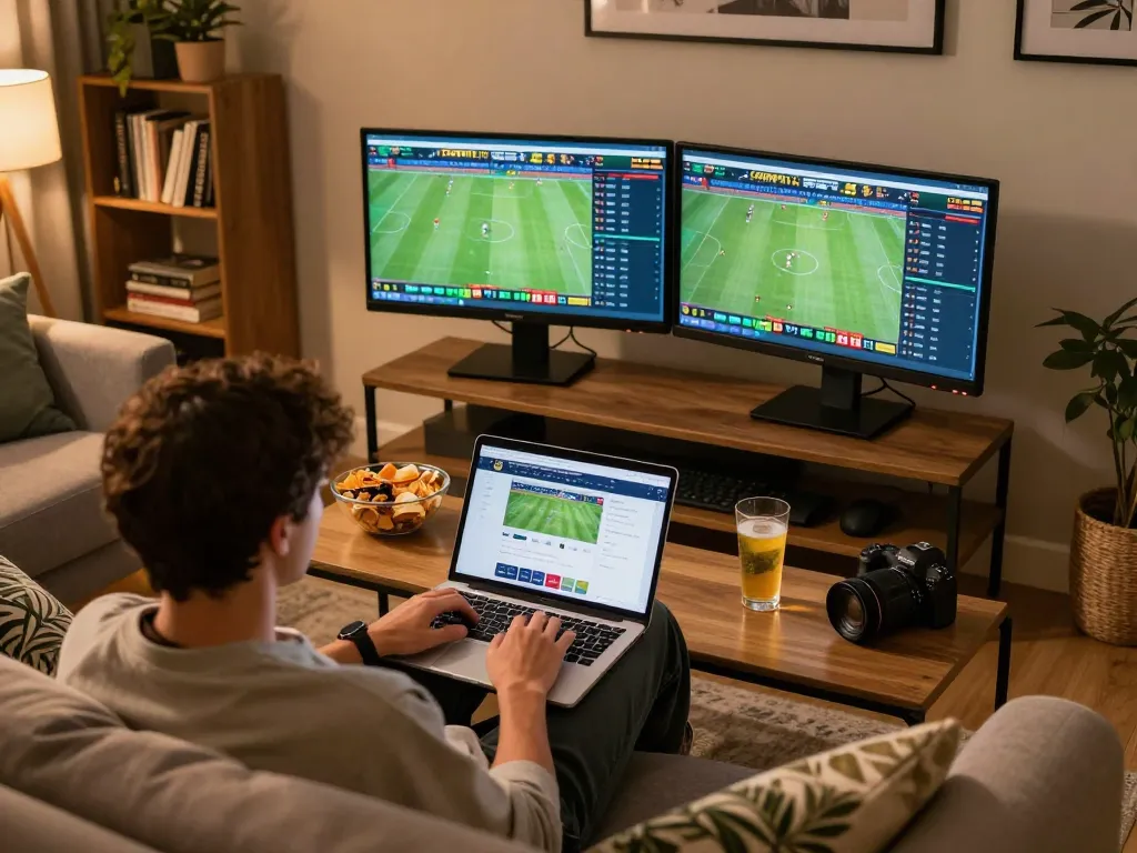 Placing bets on kèo bóng đá hôm nay with excitement in a modern home setup.
