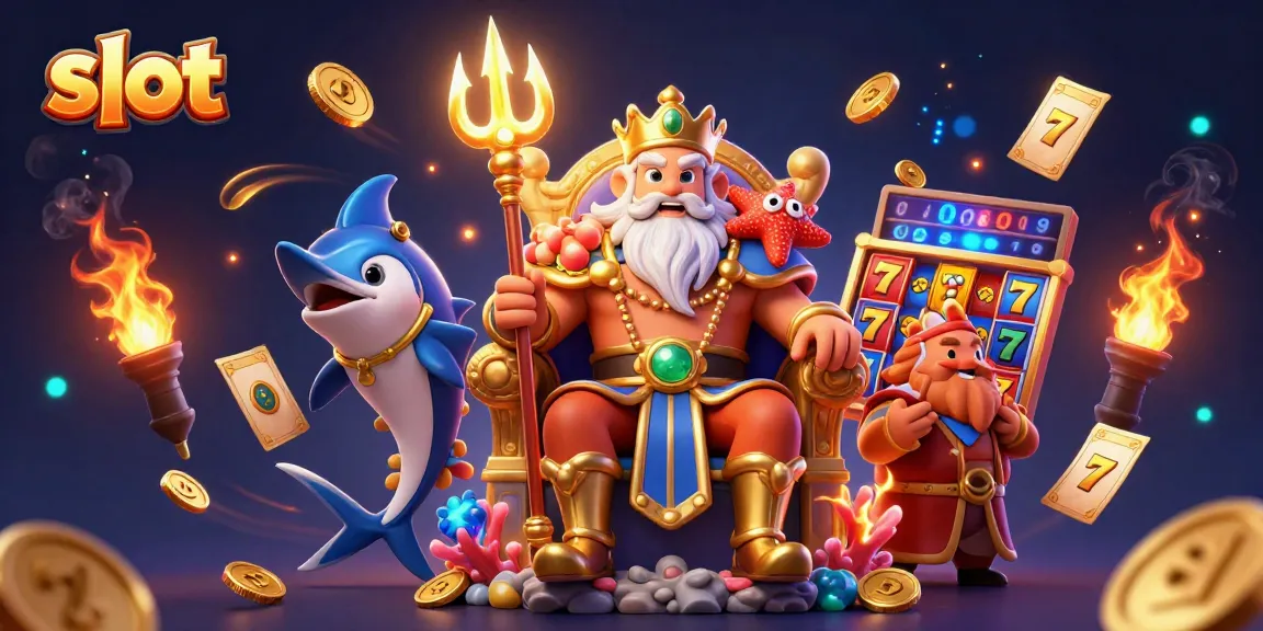 Spin and win with vibrant slot-themed 3D illustration depicting a cartoon sea king with golden jackpot elements.