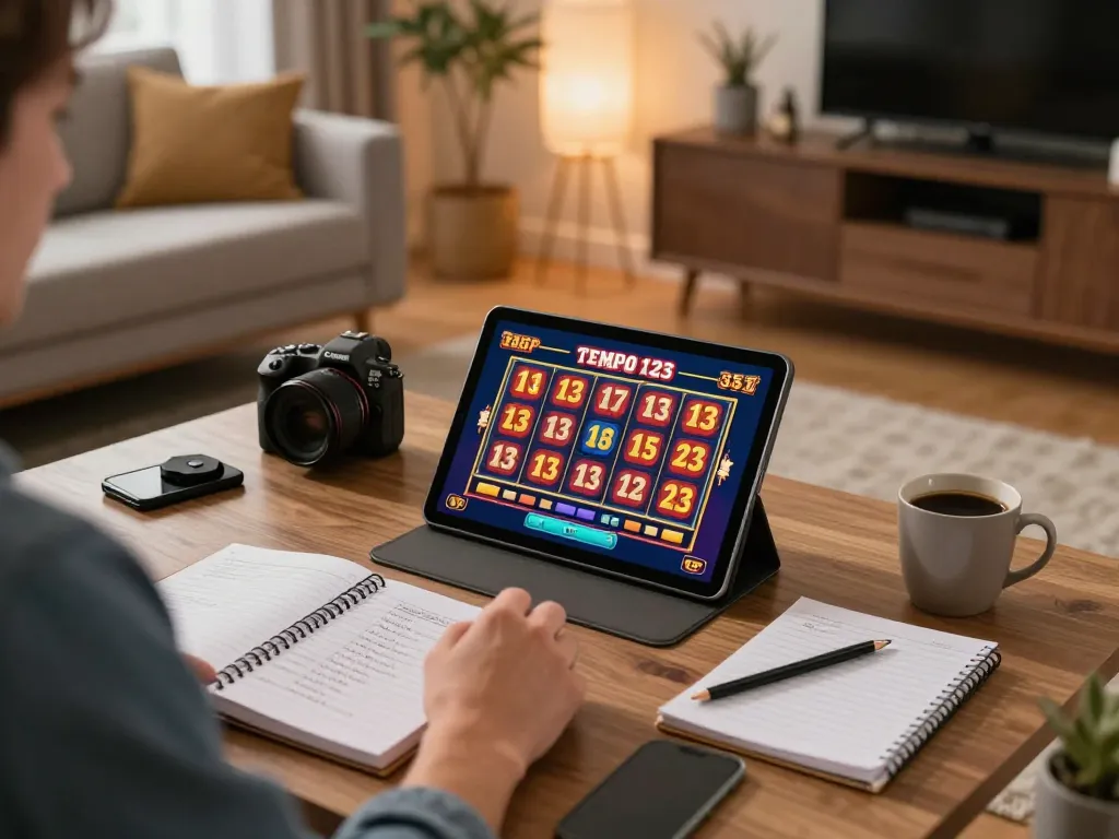 Playing Tempo 123 slot game on tablet in a cozy living room for strategic online gambling