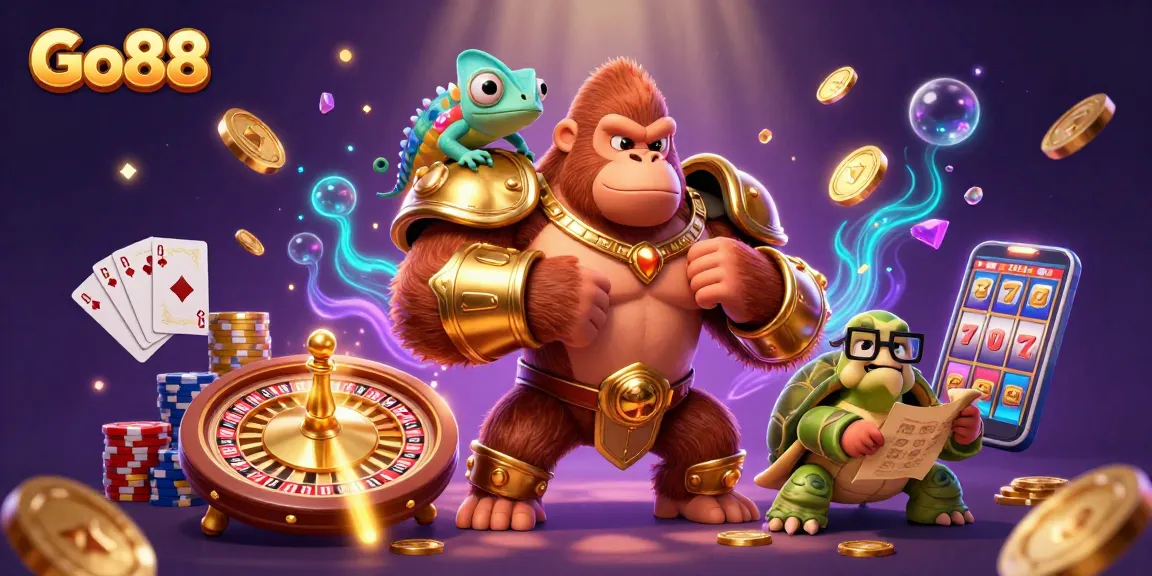 Engage with Go88's thrilling gaming scene featuring vibrant characters and dynamic casino elements.
