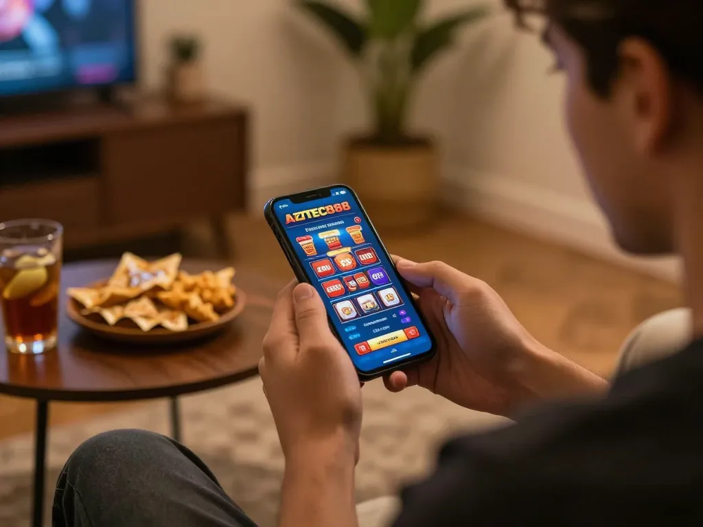 Engaging in mobile gaming with AZTEC888's user-friendly app on a cozy evening.