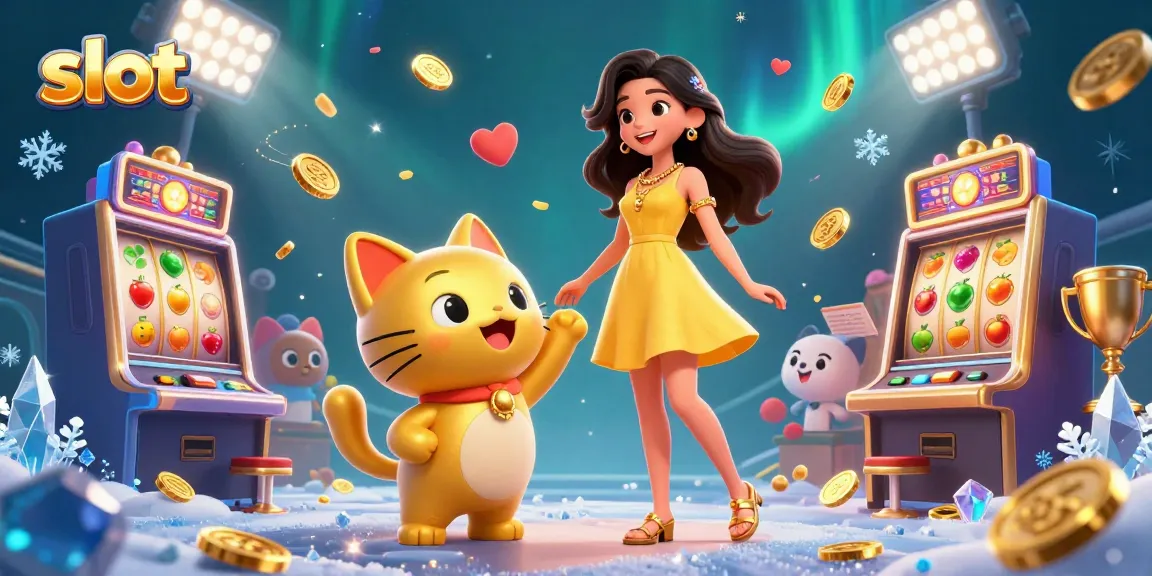 Spin and win at slot games with a cheerful woman and lucky cat amidst vibrant casino elements