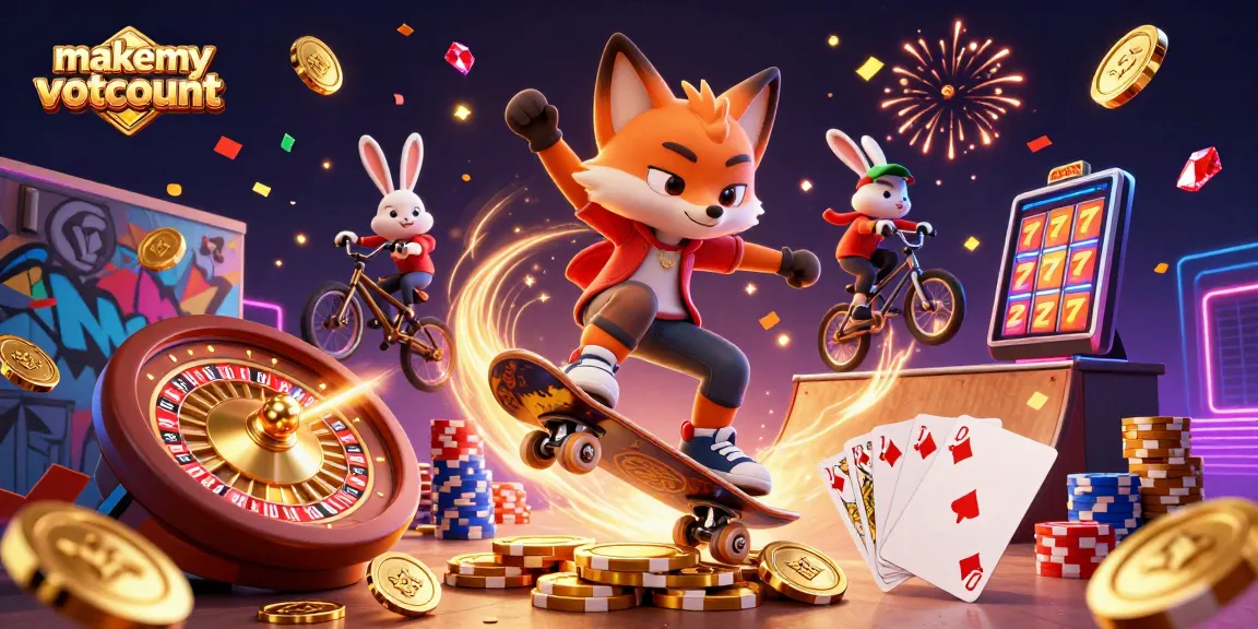 Join the gaming excitement with makemyvotecount and dynamic casino characters surrounded by lucky elements.