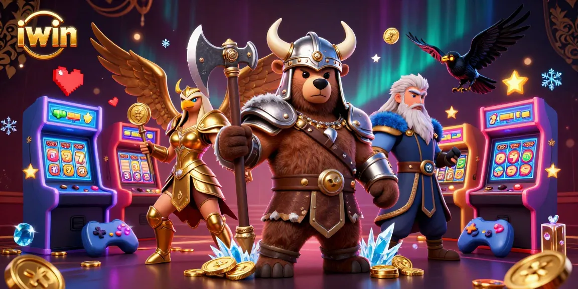 Engage with iwin's vibrant casino experience featuring a Viking berserker and Valkyrie eagle amidst exciting slot games.