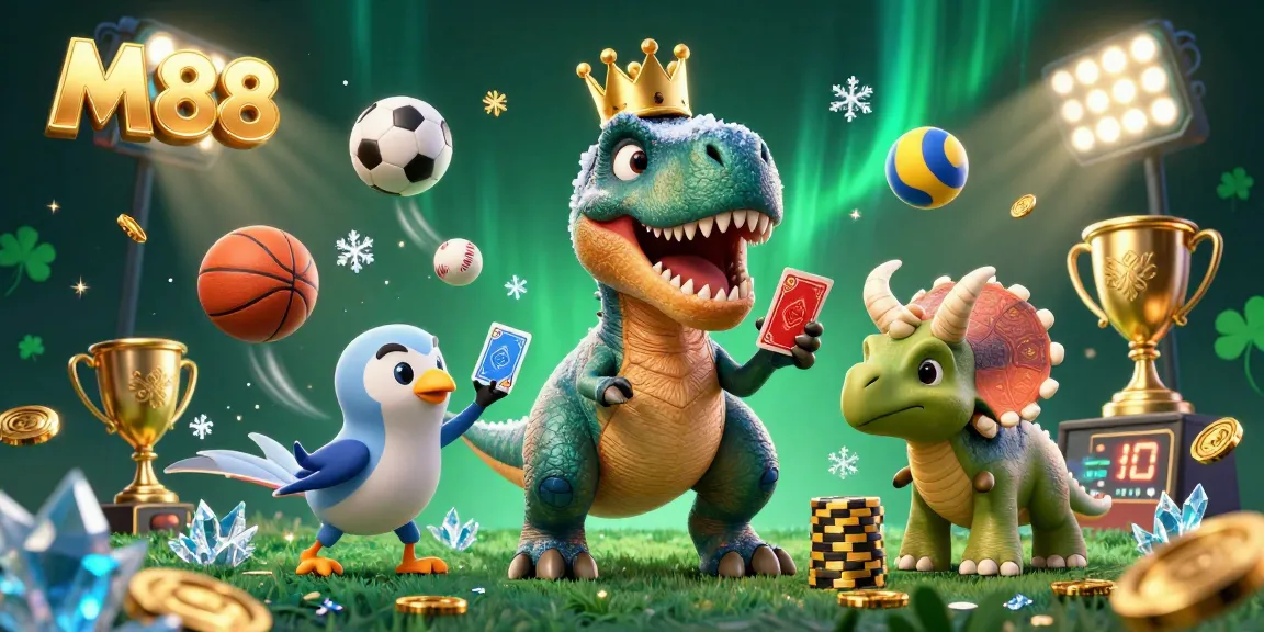 M88 sports betting scene featuring a T-Rex dealing cards, a pterodactyl holding cards, and a triceratops stacking chips.