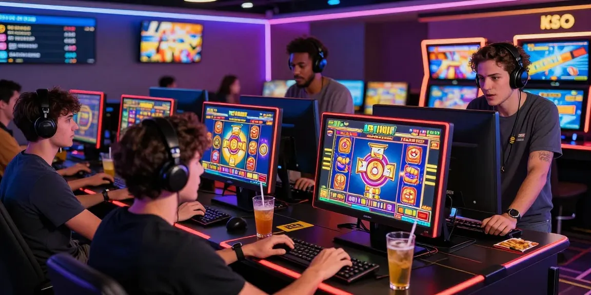 Exciting players engaged in bonus buy slots at a virtual casino, showcasing colorful games and immersive experience.